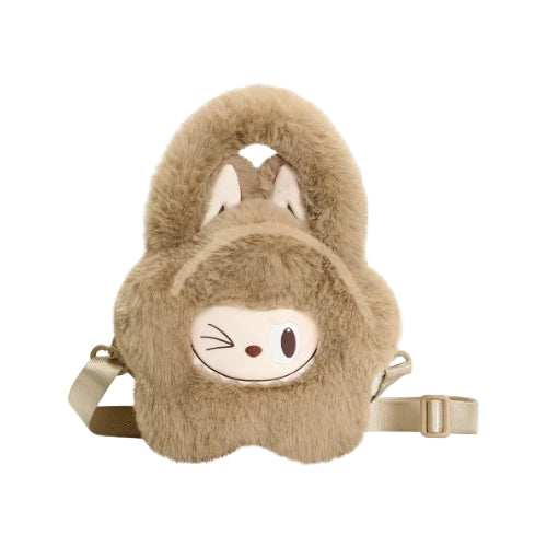 Plush backpack with animal face design on a white background